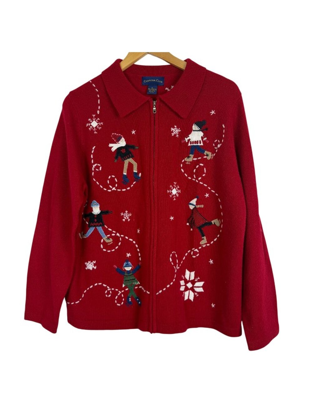 Vtg Charter Club Lambswool Christmas Sweater XL Ice Skaters Red Full Zip